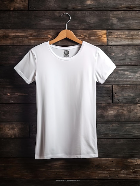 Una camiseta blanca cuelga de una pared de madera.