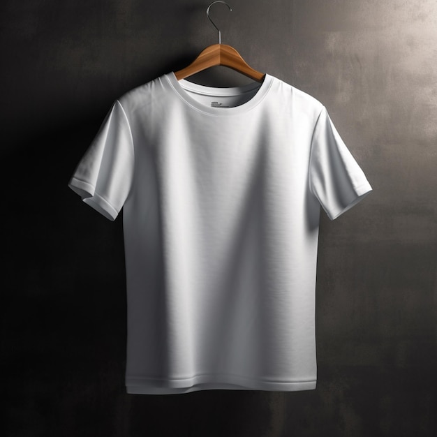 Una camiseta blanca cuelga de una percha frente a una pared oscura.