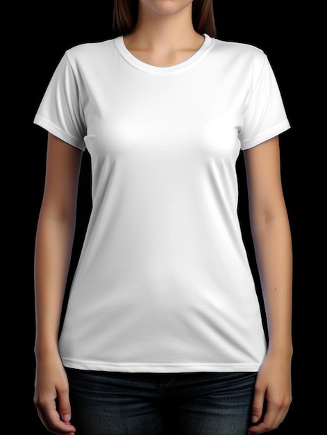 una camiseta blanca con cuello blanco está parada frente a un fondo negro.