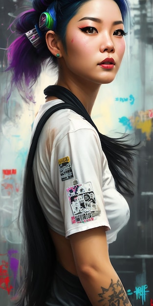 camiseta blanca con un delantal negro muslos negros sosteniendo pinturas en spray paredes de graffiti