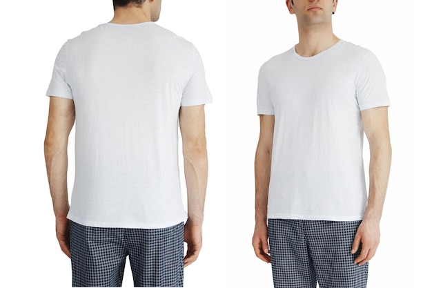 Camiseta blanca en dos lados en un espacio de copia de fondo blanco aislado