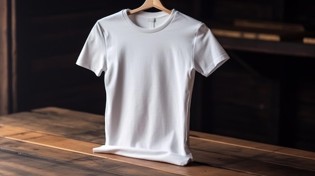 Una camiseta blanca está colgada en una mesa de madera.