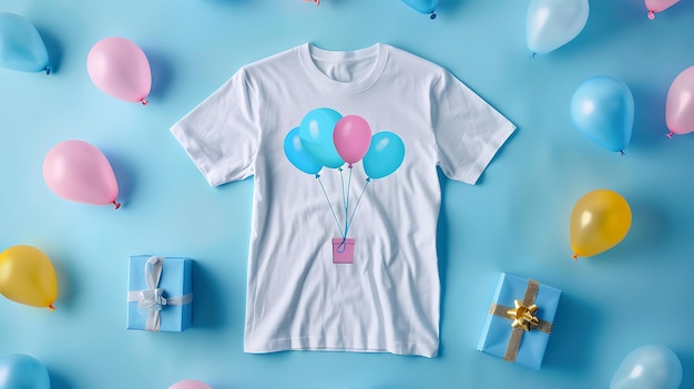 Foto una camiseta blanca con globos y una caja azul con una cinta en ella