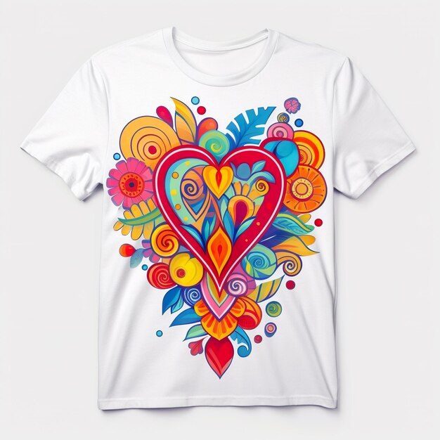 Una camiseta blanca con una imagen de ai generativa de diseño de corazón colorido