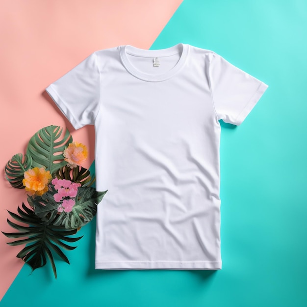 Una camiseta blanca junto a una planta y un fondo rosa y azul.