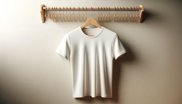 Foto camiseta blanca minimalista en una percha de madera y un estante