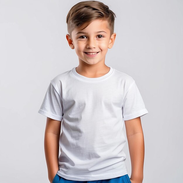 Camiseta blanca en un niño lindo aislado sobre un fondo blanco