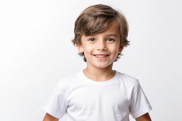 Camiseta blanca en un niño lindo aislado sobre un fondo blanco
