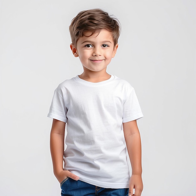 Camiseta blanca en un niño lindo aislado sobre un fondo blanco