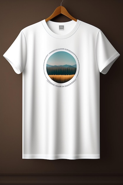 Una camiseta blanca con un paisaje de montaña en el frente.