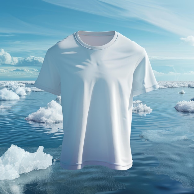 una camiseta blanca con la palabra t en ella está colgada en el agua