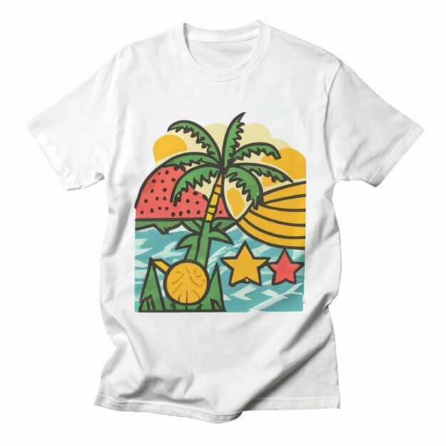 una camiseta blanca con una palmera y el sol en ella