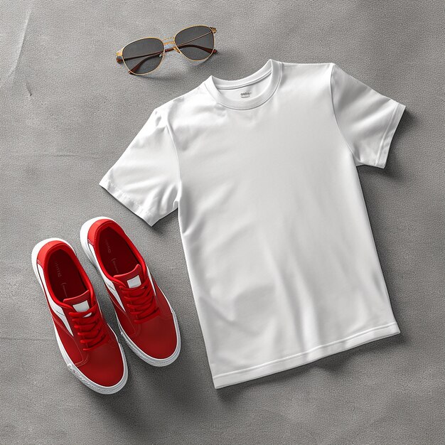 una camiseta blanca con un par de zapatos rojos junto a un par de gafas de sol.