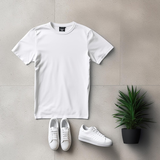 una camiseta blanca con una planta y una planta en el suelo.