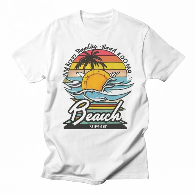 Una camiseta blanca con una playa muestra una playa en ella