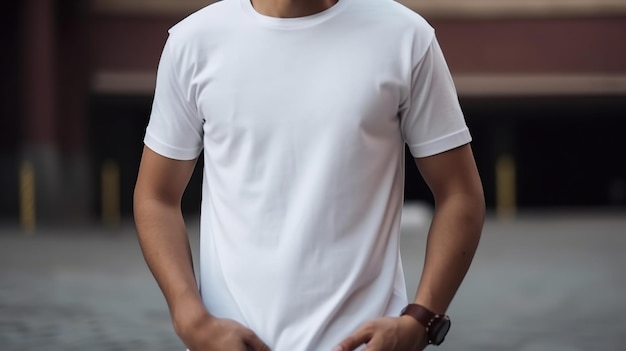 Camiseta blanca realista de IA generativa maqueta en blanco puesta en el espacio de copia del joven para la presentación