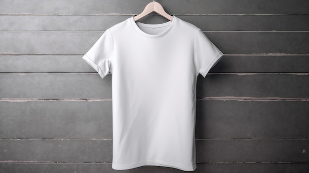 Camiseta blanca realista de IA generativa simulada en blanco sobre fondo de madera para publicidad de presentación