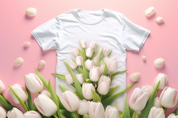 Camiseta blanca simulada para la marca en el centro de la imagen tulipanes en los bordes de la imagen