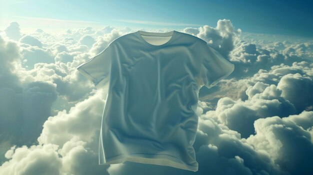 Una camiseta blanca sobre el fondo de un cielo azul con nubes