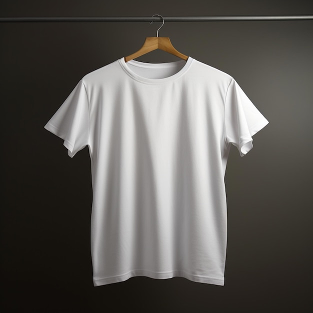 Camiseta blanca sobre percha de madera