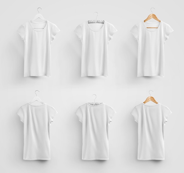 Camiseta blanca sobre una tela de madera, percha de metal plástico, ropa en blanco aislada en el fondo