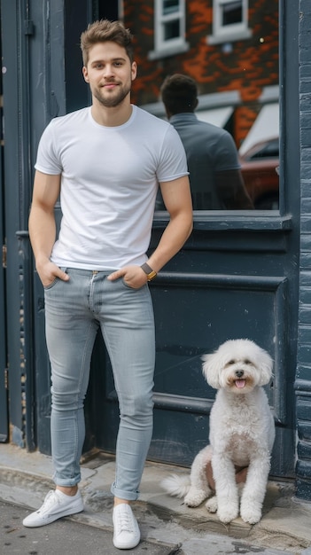 Foto camiseta blanca y vaqueros de cintura baja en un hombre encantador perro ilustración generada por ia