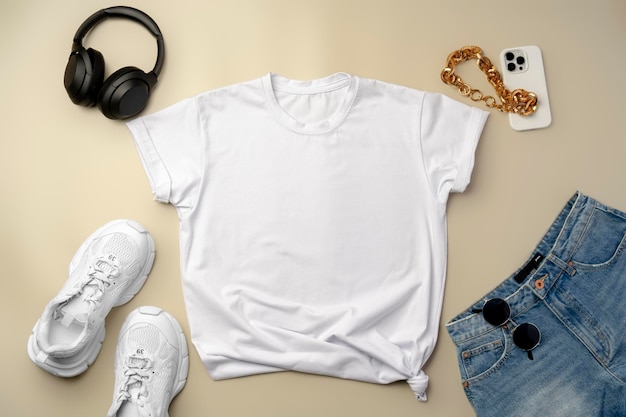 Camiseta blanca, vaqueros y zapatillas de deporte sobre un fondo beige