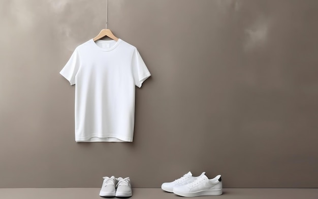 Camiseta blanca y zapatos blancos en una pared.