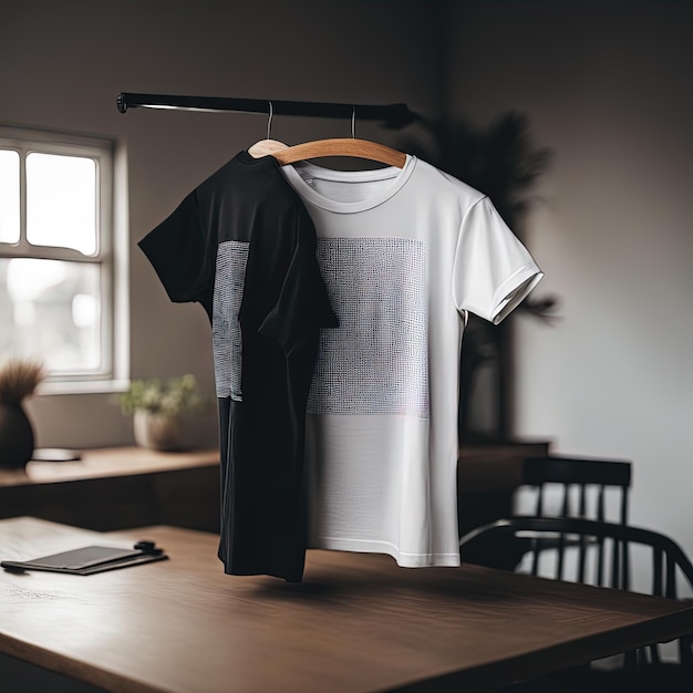 camiseta en blanco y camiseta blanca sobre una mesa de madera en un interior moderno renderizado 3 d ts blancos en blanco