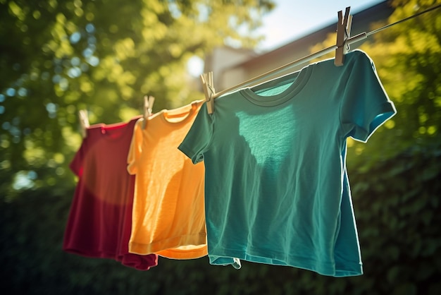 Una camiseta en blanco colorida colgando en el patio trasero, desperdicio de ropa y concepto de moda rápida.