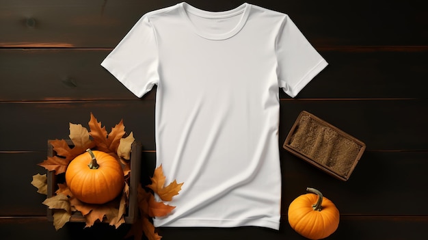 camiseta branca feminina maquete de Halloween apresentada em uma plataforma escura elegante gerada por IA