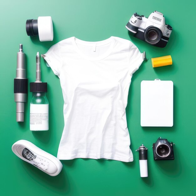 Foto camiseta branca lisa sobre fundo branco vista superior fotografia plana leiga iluminação profissional