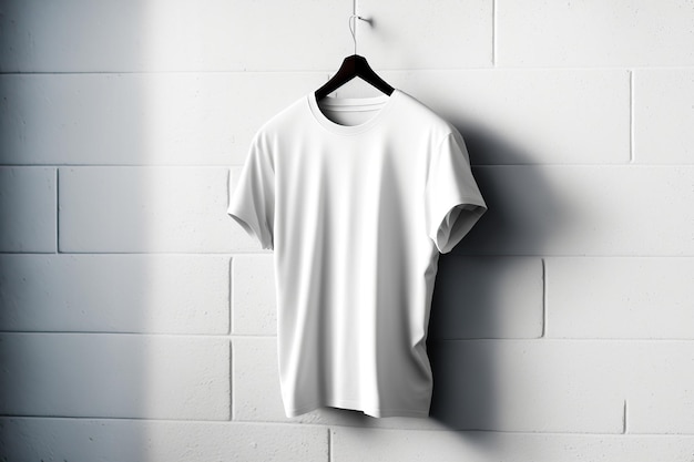 Camiseta branca pendurada no cabide contra o espaço da cópia da parede de tijolos Ilustração generativa de IA