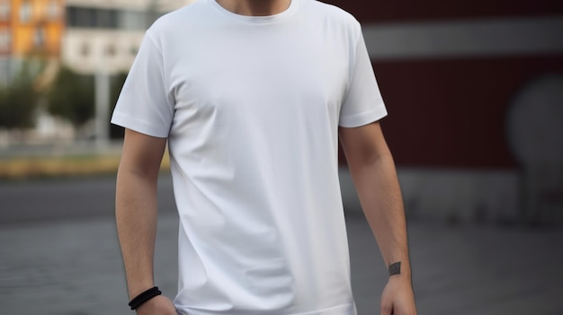 Camiseta branca realista de IA generativa simulada em branco colocada no espaço de cópia do jovem para apresentação