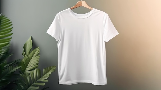 Camiseta branca realista de IA generativa simulada em branco no fundo com plantas para apresentação