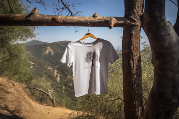 camiseta colgada en una percha en un árbol