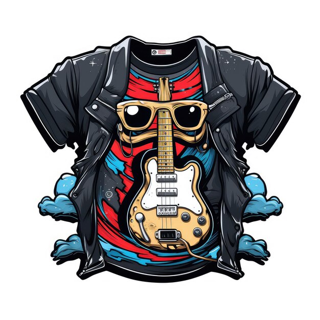 Foto camiseta com logotipo da cultura rocknroll com guitarras e caveiras ou gesto de cabra para punk e heavy metal