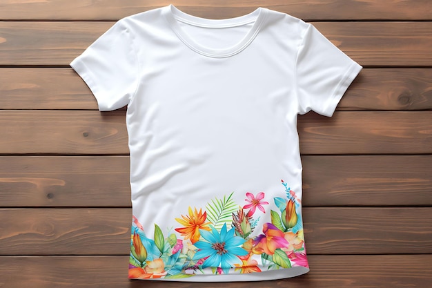 Camiseta com ombro de fora, estampa tropical, cor brilhante de verão, limpa, branca, branca, sessão de fotos