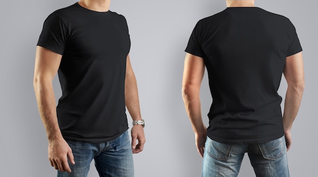 Camiseta com roupa preta. Jovem, vista frontal e traseira. Projeto.