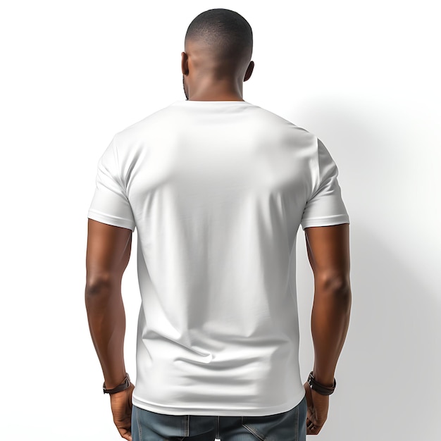 Camiseta de cuello de equipo de tee gráfico usada por un maniquí negro camiseta blanca en blanco diseño limpio