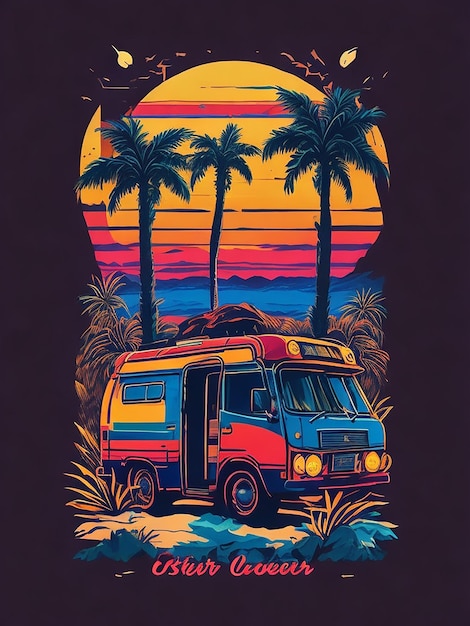 Camiseta design pôr do sol palmeira água campista ônibus pranchas de madeira enferrujadas nostalgia tropical