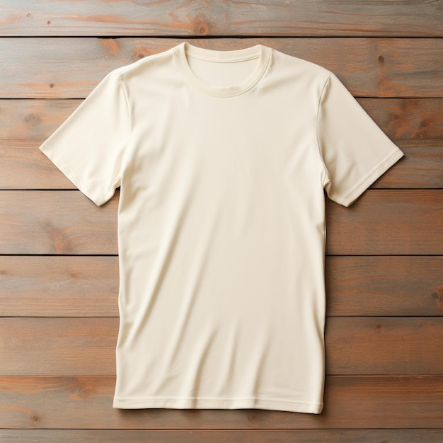 Camiseta em branco de cor branca creme colocada sobre uma mesa plana de madeira fotografada de cima