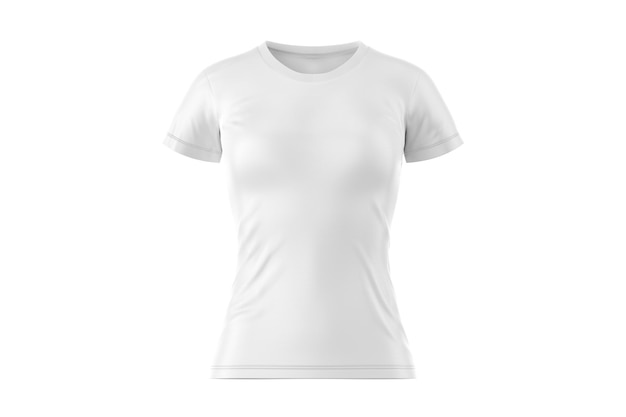 Camiseta feminina branca em branco sobre um fundo branco.