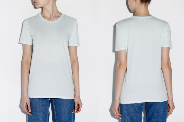 Camiseta feminina no modelo em ambos os lados em um fundo branco isolado