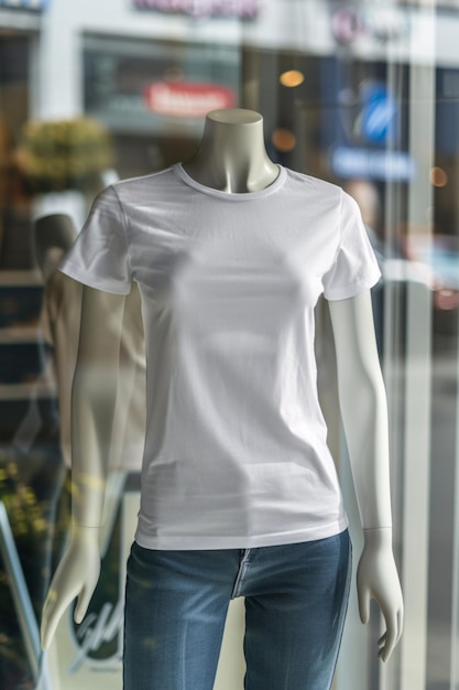camiseta frontal de mulheres brancas impressão sob demanda maquete em manequim em uma vitrine