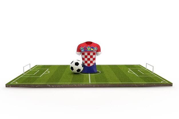 Camiseta de fútbol de Croacia bandera nacional en un campo de fútbol 3D Rendering