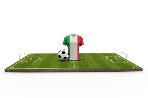 Camiseta de fútbol de Italia bandera nacional en un campo de fútbol 3D Rendering