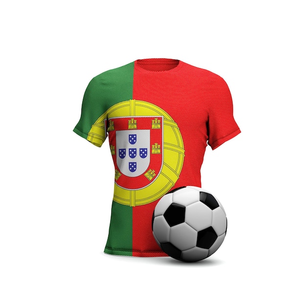 Camiseta de fútbol de Portugal con bandera nacional y pelota de fútbol 3D Rendering