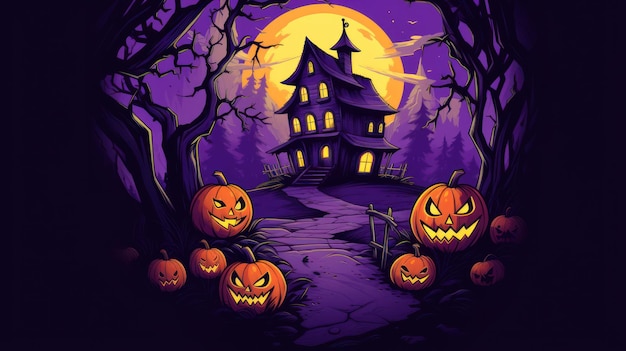 Camiseta gráfica de casa assombrada de Halloween com cabeças de abóbora e fundo violeta