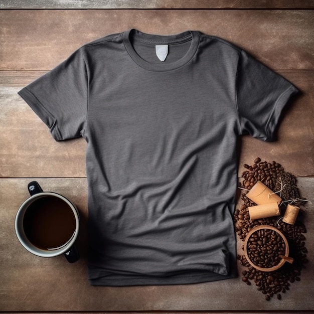 Una camiseta gris con la palabra café se sienta en una mesa de madera junto a una taza de café.